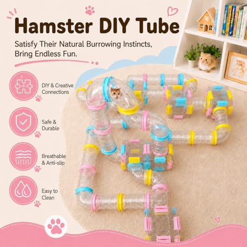 94 Pcs DIY Hamster Tunnel Tube Set, Clear Small Animal Cage Tube Kit Can Easy Viewing, 2-Inch Diameter Exercise Playground for Dwarf Hamsters, Mice & Gerbils