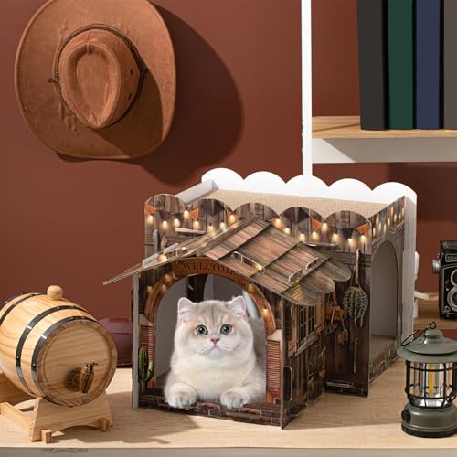 Lineshading 2 Story Cardboard Cat House with Scratcher Pad, Multi Level Durable Cat Scratcher House for Small Kitten Bunny Rabbit Animals Christmas Birthday Gift(17x12x10,Western) - style: Western