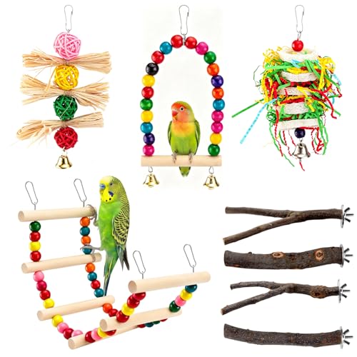 8 PCS Bird Toys & Perches Set - Natural Apple Wood & Hardwood Branches, Birch Ladder Swing, Foraging Shredding Chewing Toys for Parakeets, Cockatiels, Small Medium Bird Cage Accessories - size: Bird Toys & Perches Set
