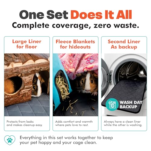 LUFTPETS Guinea Pig Cage Liners 5 Pcs, Washable Midwest Pads & Fleece Mats | 2 Absorbent Bunny Pee Pads 47x24, 3 Soft Blankets. Top Releases Hay. Waterproof Non-Slip Rabbit Bedding
