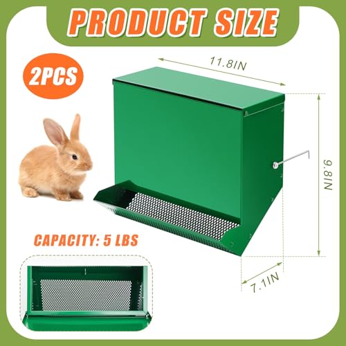 2 Pcs Rabbit Feeder for Cages Small Animal Food Pellet Dispenser with Lid Metal Chicken Grit Oyster Shell Squirrel Feeders Outside(11.8 Inches,Mesh Bottom,Green) - color: Green, size: 11.8 Inches, style: Mesh Bottom