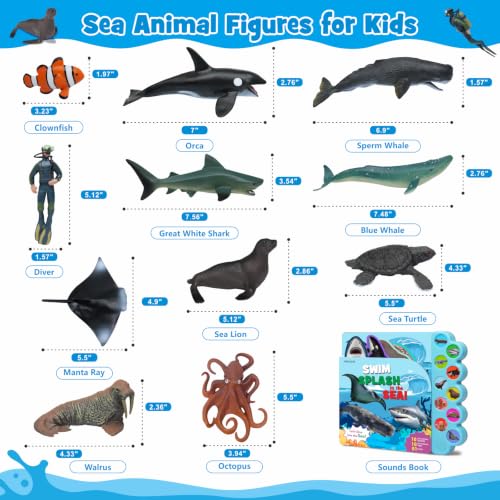iGRATENS Sea Animal Toys with Sound Books, 10PCS Realistic Ocean Animals Figures & Sea Animals Book with 10 Buttons, Educational Learning Toy for 3+ Year Old Boys, Girls, Kids Birthday Christmas - style: Sea Animals
