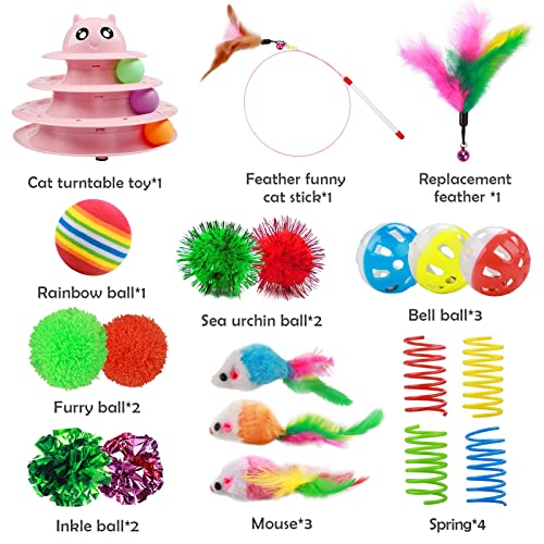 UPSKY 20 PCS Cat Toys Set with Teaser, Mice, Spring, and Various Ball Toys | Puzzle Kitten Toys, Sturdy Structure, Detachable Design, Easy to Assemble, Anti-Slip, Reduces Boredom for Indoor Cats - color: B-20PCS-Pink
