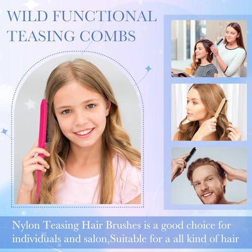 Yaomiao 6 Pcs Teasing Brush Set, 3 Row Nylon Rat Tail Combs for Fine Hair, Back Combing, Root Lifting, Scalp Massage, Hair Brushes for Women Salon Home Use(Black, Blue, Rose Red, Yellow) - color: Black, Blue, Rose Red, Yellow