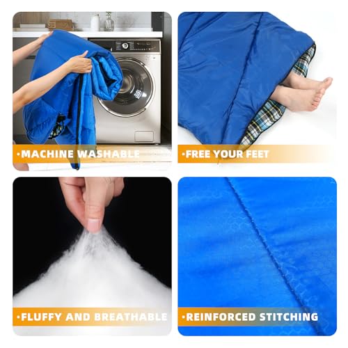 Cotton Flannel Lined Sleeping Bag for Adults Teens Kids, Cold Weather & Warm, 3 Seasons, Lightweight Compact Camping Essentials Equipment, Hiking, Outdoor, Travel - color: Deep Blue & Light Blue