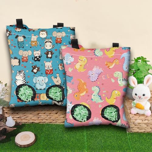 2Pcs 2 Styles Rabbit Hay Feeder Bag with 2 Holes 11.6 x 9.1 Inch Guinea Pig Hay Holder Small Animal Dinosaur Pattern Cloth Washable Hanging Feeding Holders for Bunny Chinchillas Hamsters - color: Dinosaur
