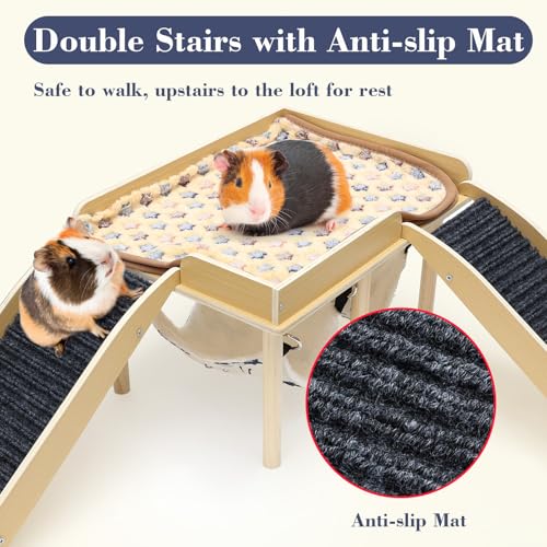 Guinea Pig Hideout with 2 Hammocks for Chinchilla Bunny Playing | Wooden Small Pet Castle with Platform, 2 Ramps, Soft Mat for Bed, Safe and Durable, Easy Assembly