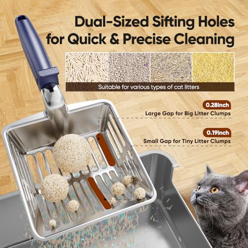 Metal Cat Litter Scoop, Large Cat Scooper with Deep Shovel & Dual Sifting Holes for Fast & Precise Sifting, Space Aluminum Kitty Litter Scooper with Long Handle & Easy-to-Hang Hook - Blue - color: Blue