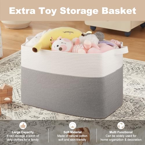 OIASKET 108L Cotton Rope Storage Basket for Living Room and Bedroom 25"x16"x16" Woven Laundry Basket, Heavy Duty Bin for Blankets, Pillows & Toys, Pet-Safe & Scratch-Free, Grey and White - color: Grey & White