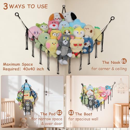 Stuffed Animal Storage Hammock Corner,55 Inch Large No Drill Toy Net,Black | Handcrafted Natural 100% Cotton Stuffy Hammock,Boho Macrame Toy Net,Stuffed Animals Storage Plush Holder,Nursery Room Decor - color: Black, size: X-Large Simple Style