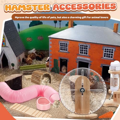 20 Pcs Hamster Toys Set, 16 Small Animal Chewing Toys, Maze Wood House, Silent Exercise Running Wheels and Water Bottle Set Feeding Bowl for Hamster Habitat Rat Cage Accessories(Pink) - color: Pink