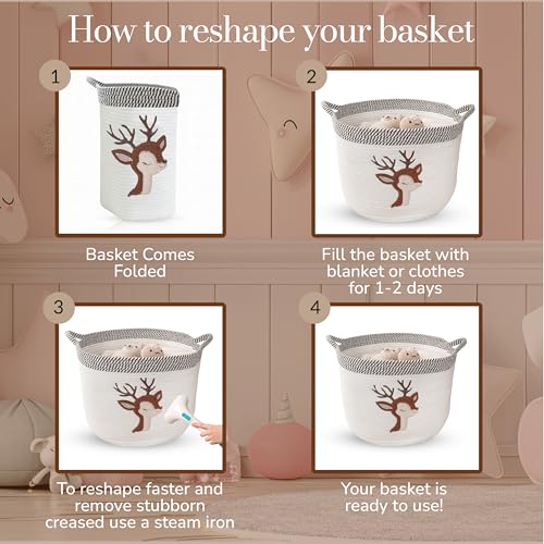 Deer Baby Storage Basket, Woven Cotton Rope Nursery Bin, 15x11 in - color: Deer