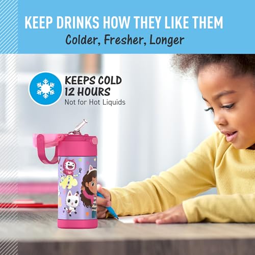 THERMOS FUNTAINER Water Bottle with Straw, 12oz, Gabby’s Dollhouse | Kids Stainless Steel Insulated Water Bottle, Keeps Drinks Cold Longer for School & Play, BPA-Free - color: Gabby's Dollhouse, size: 12 Ounces