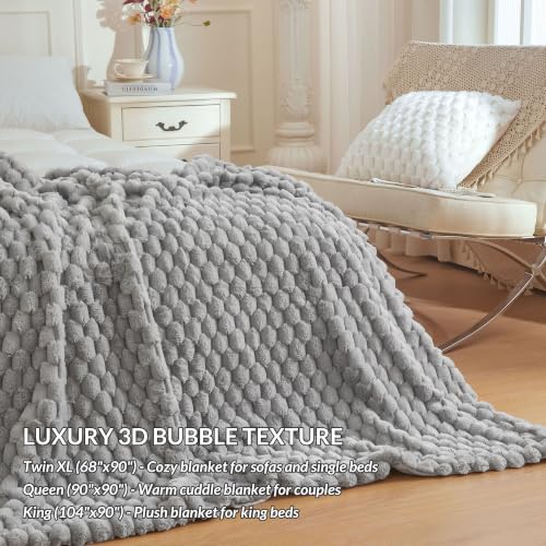 XeGe Luxury Bubble Fluffy Faux Rabbit Fur Bed Blanket Queen, Light Grey | 90"x90", Double-Sided, Hypoallergenic, No-Shed, Washable, Plush Shaggy Blanket for Bed Couch Sofa Snuggling Lounging Napping - color: Light Grey, size: Queen (90" X 90")