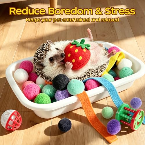 Hedgehog Toys & Accessories, Enrichment Toy Set with Dig Box & Balls | Plush Balls & Fabric Strips, Hedgehog Cage Accessories, Dig Box Toy, Digging Activities, Small Animal Enrichment