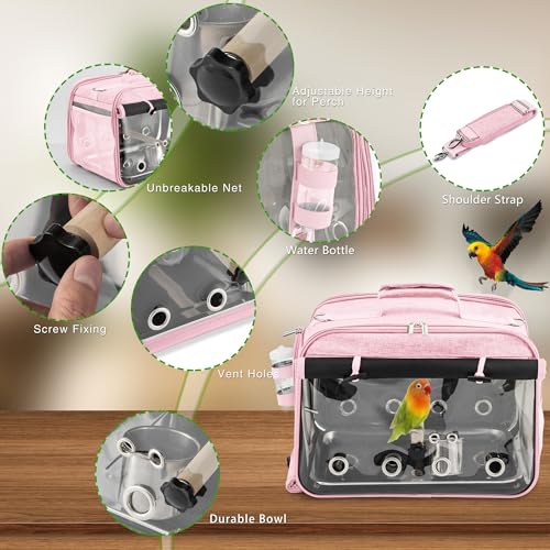 Bird Carrier Airline Approved, Bird Travel Cage with Indestructible Stainless Steel Mesh, Bird Travel Bag Lightweight and Portable with Water Bottle and Bowl - color: Pink