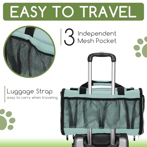 Pet Carrier for Cats & Small Dogs, Travel Carrier with Anti-Collapse Support, Chew Resistant Buckles, Luggage Sleeve, Multi-Pocket Storage, Reversible Mat & Bowl (Green, Medium (17.5"x11"x11.5")) - color: Green
