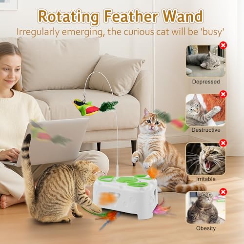 3-in-1 Automatic Interactive Cat Toy, Flying Bird, Mole & Feather | Rotating feather, 3 play modes, cheese-shaped non-slip base, USB-C rechargeable 1200mAh battery, 8-minute auto shutoff - color: White