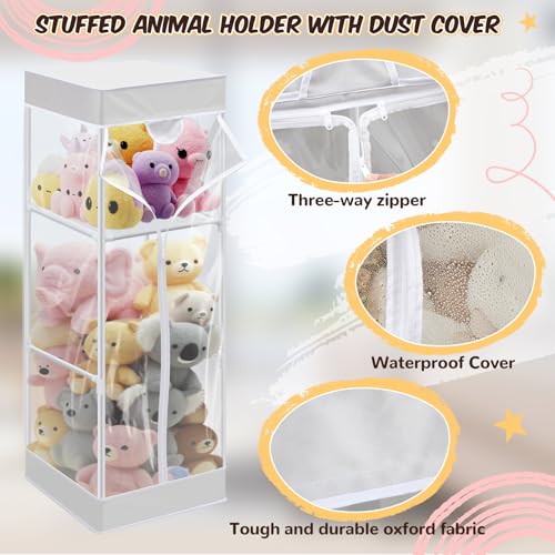 Colingmill 2-tier Plush 47 In Vertical Toy Stuffed Animal Storage Organizer Holder Cage Bin with PVC Waterproof and Dust Cover Zippered Stuffed Animal Organizer Playroom Nursery Kindergarten(White)