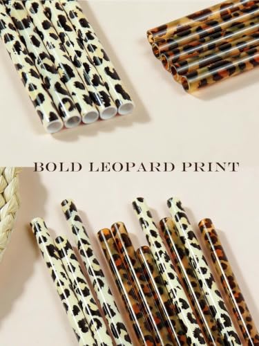 10 Pcs Reusable Brown Leopard Straws Long Straws with Cleaning Brushes | Plastic Cheetah Animal Straws Brown Leopard Print Drinking Straws for Tumblers Cups Safari Wild Favors Birthday Party Supply - color: Brown and Yellow