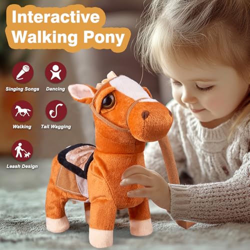 Marsjoy Walking Pony Toy Musical Singing Dancing Plush Interactive Pony Walk Along Horse with Leash Plush Stuffed Animal Shaking Head Buttocks Toy for Boy & Girl Kid Ages 3+ H: 11.81" - color: Brown Pony