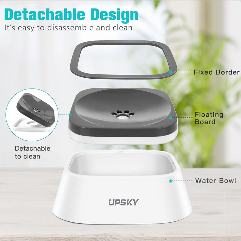 UPSKY 35oz No-Spill Pet Water Bowl, Slow Water Feeder for Dogs and Cats | Splash-Proof Bowls, Slow Drinking Pet Dish, Easy-Clean Dishwasher Safe, Portable For Travel - color: Grey