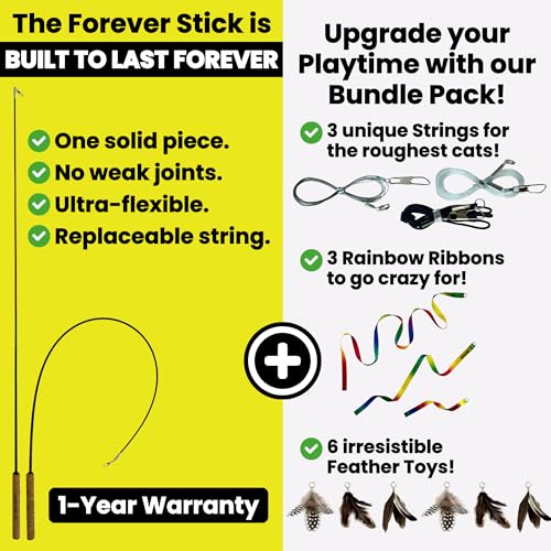 Forever Stick with Cat Toys and Strings Bundle - The Unbreakable Cat Wand Toy, Durable Cat Toy Wand, Extra Long Cat String Toy, Cat Fishing Pole Toy for Bored Indoor Adult Cats, Cat Stick Toy - size: Forever Stick and Extra Toys and Strings
