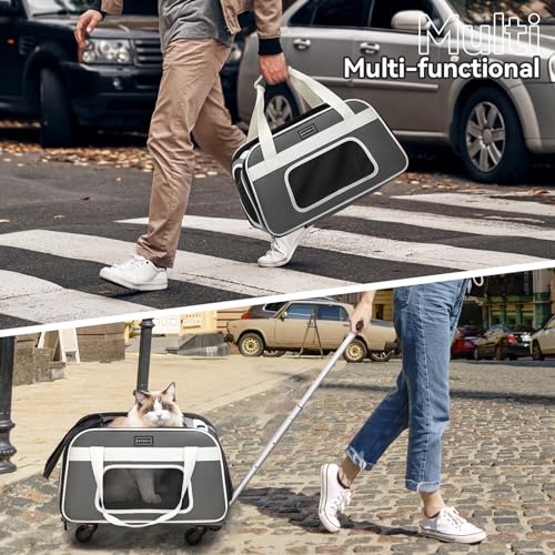 Petsfit Cat Carrier with Wheels, Removable Spinner Wheels, Up to 13 lb | Fits pets up to 15 L x 8 H in and 13 lb; removable spinner wheels, anti-sag frame, 4-sided mesh, safety tether and locks. - color: Medium Gray, size: 20.1"L x 12.2"W x 14.2"H