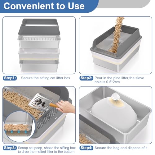 XXXL Stainless Steel Sifting Litter Box with Lid, 28'' L × 20'' W Extra Large Sifting Cat Litter Box for Pine Pellets & Big Cats & Multiple Cats, Metal Pellet Sifter Litter Pan System for Odor Control - size: XXXL:28''x20''x10''