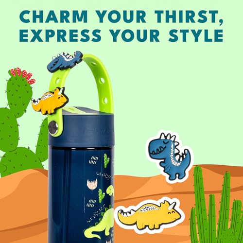Elemental Water Bottles for Kids - Splash Kids Water Bottle for School with Fun Charm Handle - BPA Free Tritan Plastic Bottle with Straw Leak Proof When Spout is Closed - 18oz - Dinosaur Friends - color: Dinosaur Friends