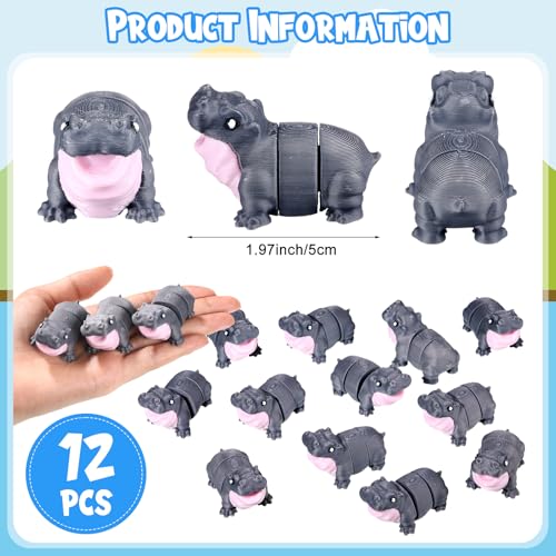 Honoson 12 Pcs 3D Printed Animals 5-7cm, Hippo | Articulated Fidget Animals, Flexible 3D Printed Figures for Stress Relief, Cute Mini Joints for Party Favors and Display - size: 5-7cm, style: Hippo