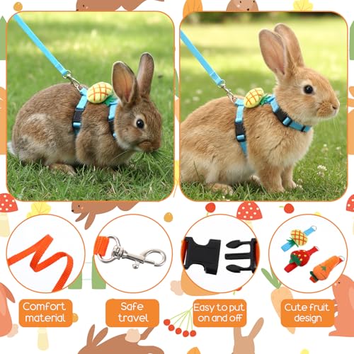 3PCS Adjustable Bunny Rabbit Harness and Leash Set, Small Pet Cute Vest Harness Leash with Decoration, Guinea Pig Harnesses for Ferret, Kitten, Puppy, Rat, Squirrel (Strawberry, Carrot, Pineapple)