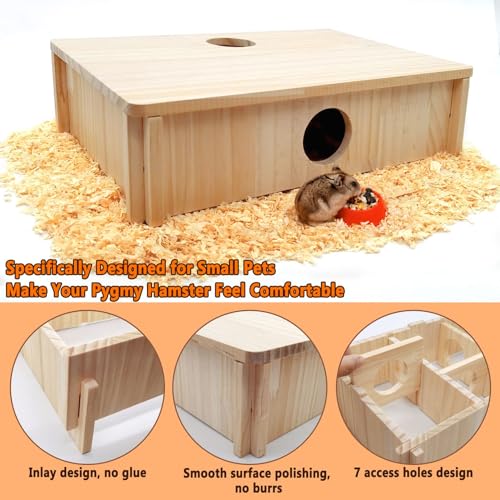 Kathson Multi-Chamber Hamster Tunnel House Maze: 2 Entrance 6 Rooms Hideout | Multichamber Hamster Hide with Cover,Mice House Tunnel Exploring Toy for Dwarf Hamsters, Gerbils,Small Animals - color: Natural wood Hamster Maze House