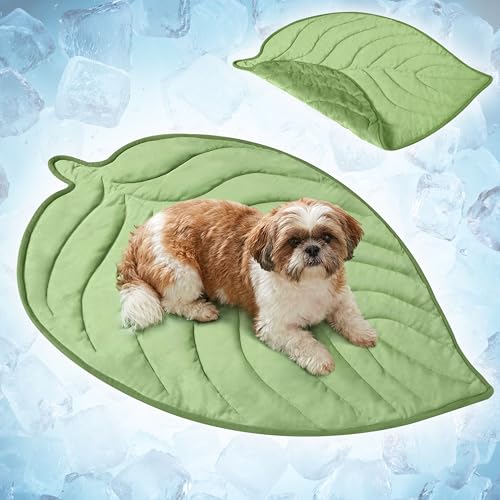 PetAmi Dog Cooling Mat, Leaf Shape, Pet Pad with Cooling Nylon & Soft Fleece, Q-Max > 0.4 Reversible All Season Blanket for Dogs & Cats, Medium 42x48 in, Sage Green - color: Sage Green, size: Medium