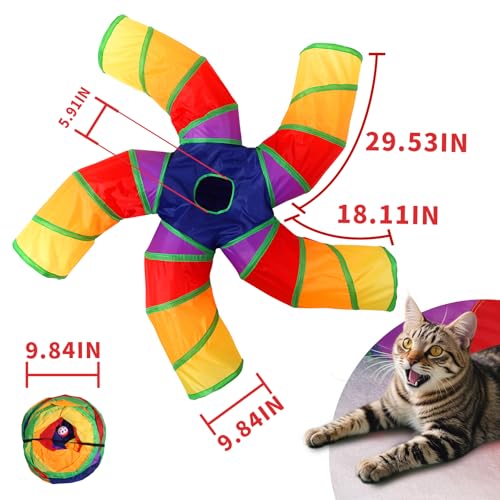 Pet Cat Tunnel, 5 Way Tunnels for Indoor Cats, Collapsible Pet Tunnel for Kitten, Puppy, Rabbit, 25cm-Wide Tunnels, Durable & Breathable, with Peek Hole Toy Ball - color: Angled 5-way Junction Tunnel & Rainbow