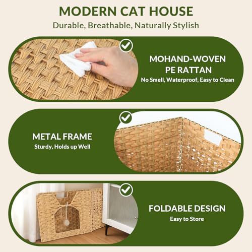Handwoven Rattan Cat Bed Indoor Kitten, Cat Bed Cave with Cushion, Sisal Ball & S-Shaped Hooks, Foldable Hideaway Cat House for Bedroom Living Room, Natural - color: Natural A