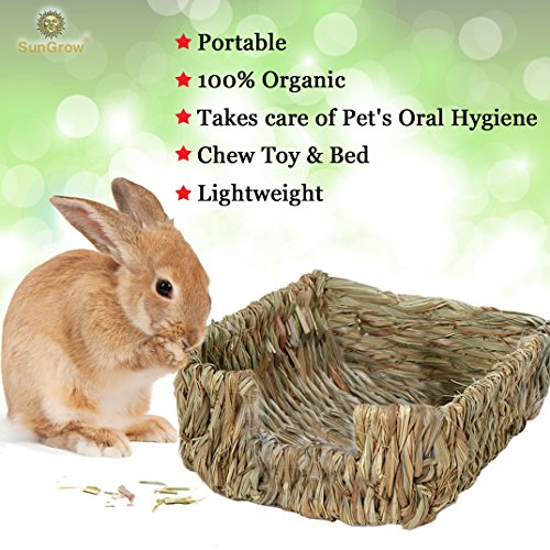 SunGrow Portable Grass Bed for Rabbits, Handmade and Washable Basket, Chew Toy, Easy to Dry, Sleeping, Chewing, Nesting Pad, Small Animal Bunny Bedding