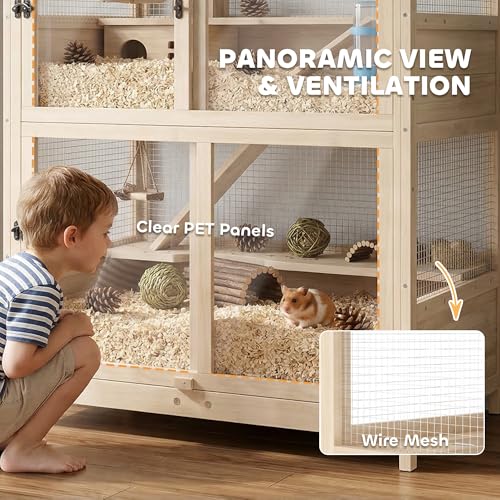 PawHut Wooden Hamster Cage for Syrian Mice Gerbil 33" x 21" x 36" | 4 Tier Small Animal Cage, Mesh Flip Roof, Pull-Out Tray, Huts, Seesaws, Ramps, Water Bottles, Hamster Habitat, for Dwarf