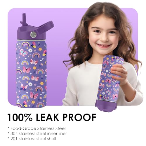 Kids Water Bottle 16oz Purple Water Bottle with Straw, Butterfly (1pc) | Girls Stainless Steel Water Bottle BPA-Free Leak Proof Insulated Water Bottle Butterfly Gifts for Girl School Travel Birthday - color: Butterfly1, size: 16 Ounces