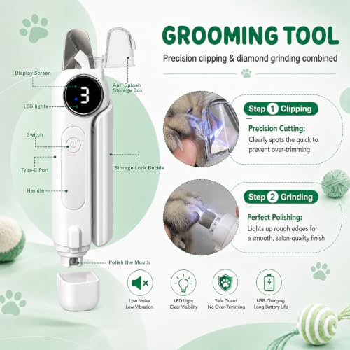 2-in-1 Dog Nail Clippers with LED Light and Grinder, Quiet Rechargeable Pet Nail Trimmer with Dust Collector, Quick Sensor Grooming Tool for Dogs and Cats, Black Nails