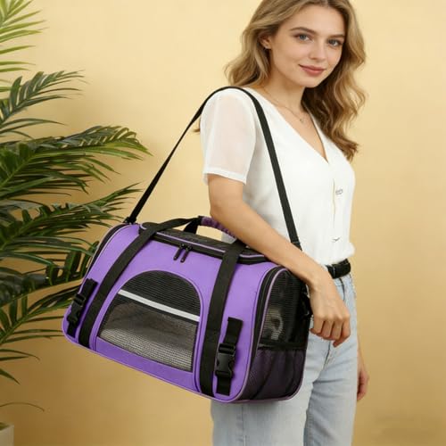 Cat Carrier Bag, Airline Approved Soft Carrier for Cats & Small Dogs | Airline approved pet carrier for pets under 15lb, breathable mesh with privacy cover, lightweight, foldable & washable - color: Purple