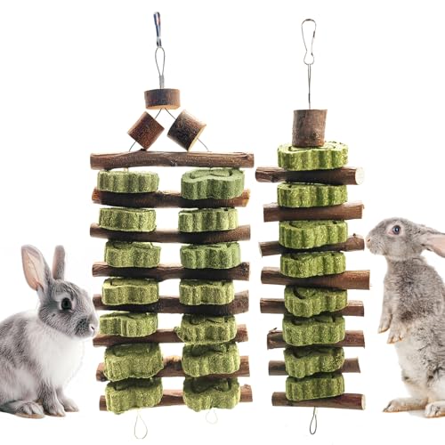 WDEFUN Natural Apple Wood Clover Cake Teeth Grinding Toy String - Rabbit Snack Chewing Toy, Safe and Durable Pet Teeth Grinding Rod, Caring for Dental Health - size: 2 Pcs Large Grinding Toy String