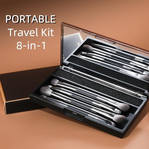 ENERGY Travel Eyeshadow Brush Set, Double Ended | Professional Eye Makeup Brushes with Color removal spone and mirror case - style: Dual Sided with m case 4pcs