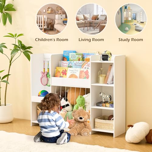 Kids Toy Storage Organizer with Bookshelf, Toy Shelf with 4 Open Cubbies, Clothing/Racket Hanging Hook Area & Stuffed Animal Cage, Large Wooden Organizer Storage Chest for Playroom Bedroom Nursery