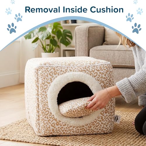 Cat House - Indoor Bed with Removable Foam Cushion - Cat Cave for Puppies, Rabbits, Guinea Pigs, and Other Small Animals by PETMAKER (Animal Print) - color: Tan Animal Print