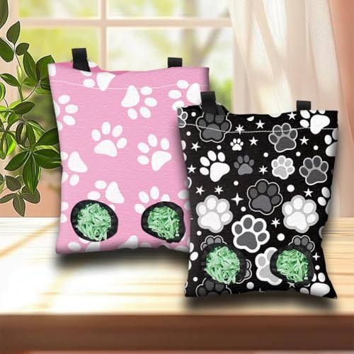 2Pcs 2 Styles Hay Feeder Bag for Rabbits Guinea Pigs Chinchillas 11.6 x 9 Inch Bunny Hay Feeder with 2 Holes Pink Black Paw Print Cloth Washable Hanging Pet Feeding Storage Cage Accessories - color: Paw Print