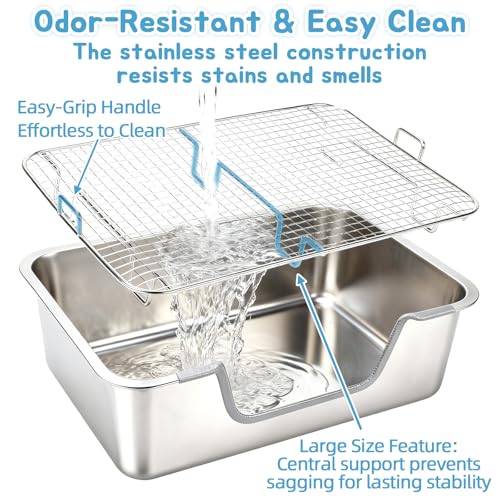 BWOGUE Stainless Steel Rabbit Litter Box, Bunny Litter Box with Steel Grid | Adult Small Animal Toilet Pan, Sifting Tray Design, Waste Separation, Easy to Clean, Rabbits, Guinea Pigs, Chinchillas - size: M:17.7in ×13.8in × 5.9inches