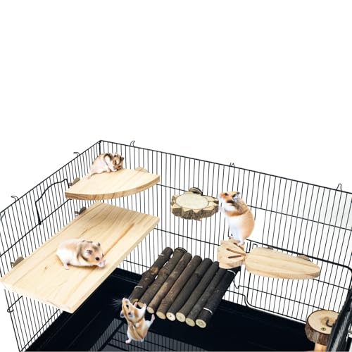 Space Expanding Natural Wood Hamster Platform Set, DIY Small Animal Playground Accessories for Hamster Cage, Climbing & Resting Toys with Adjustable Screws for Hamsters, Chinchillas, Gerbils