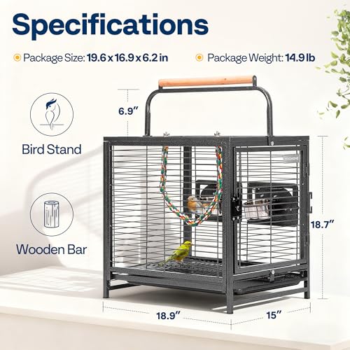 VIVOHOME 19 Inch Wrought Iron Travel Bird Cage for Cockatiel Parakeets | Bird Travel Carrier Cage with Wooden Handle/Perch, Slide-out Tray for Small Parrots Conures Lovebirds Canaries Finches, Black - color: Black