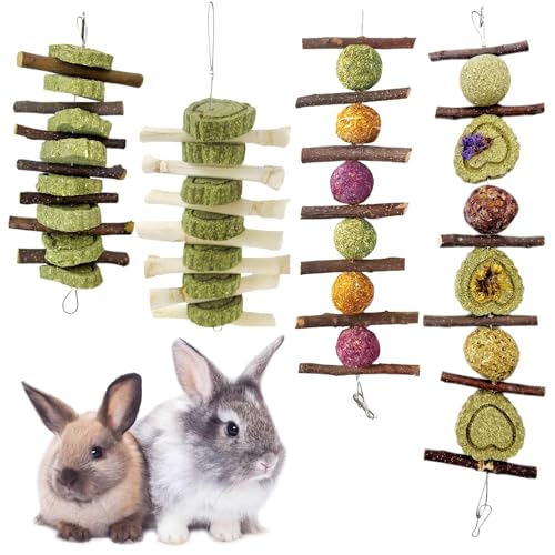 Hamiledyi 4PCS Bunny Chew Toys Rabbit Toys for Teeth Grinding Natural Fruit Sticks Organic Timothy Grass Cakes Chew Toys and Treats for Rabbit Bunny Guinea Pig Hamster Chinchilla - style: Style A